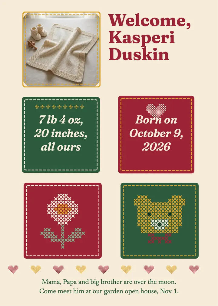 Welcome, Kasperi cross-stitch announcement template