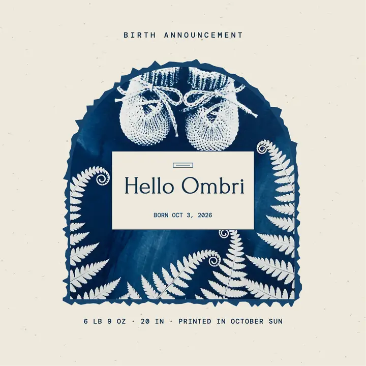Baby birth announcement, cyanotype sun print template