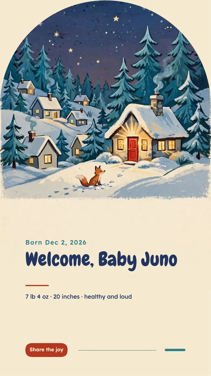 Welcome Baby Juno gouache storybook announcement story: baby announcement story template