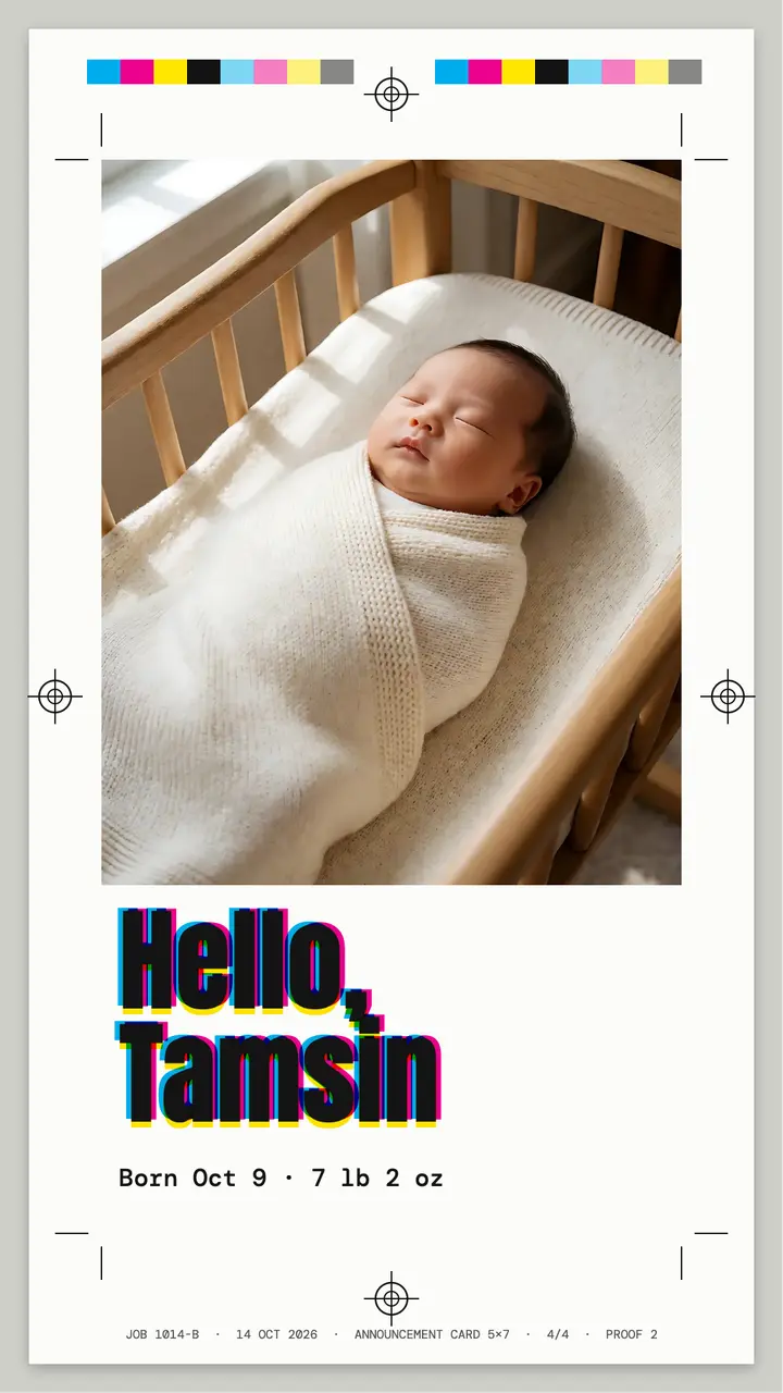 Tamsin birth announcement press proof story: birth announcement card proof story template