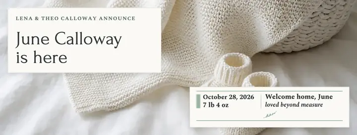 June Calloway baby arrival emboss cover: baby arrival cover template