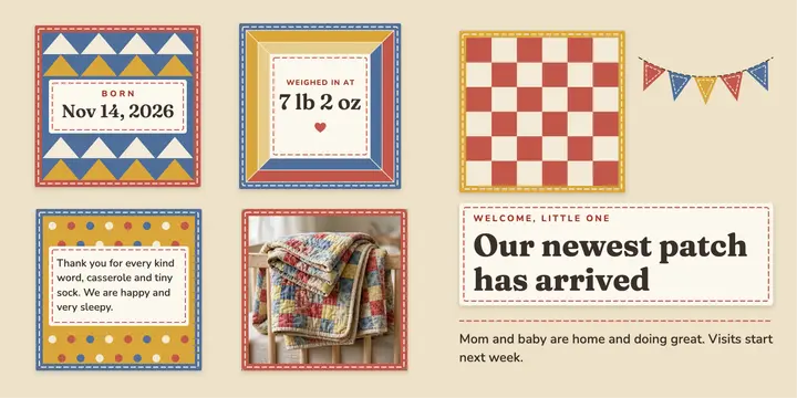 Baby arrival announcement, patchwork quilt template
