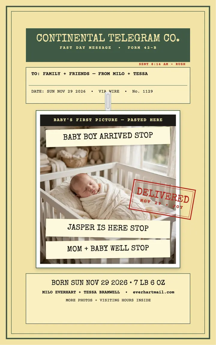 Jasper arrival telegram announcement template
