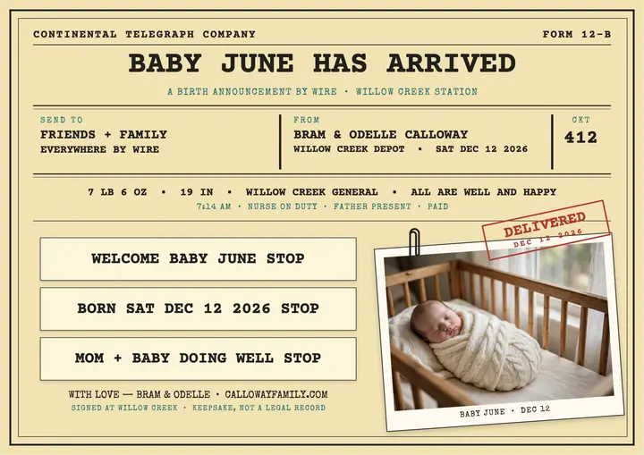 Baby June arrival telegram announcement template