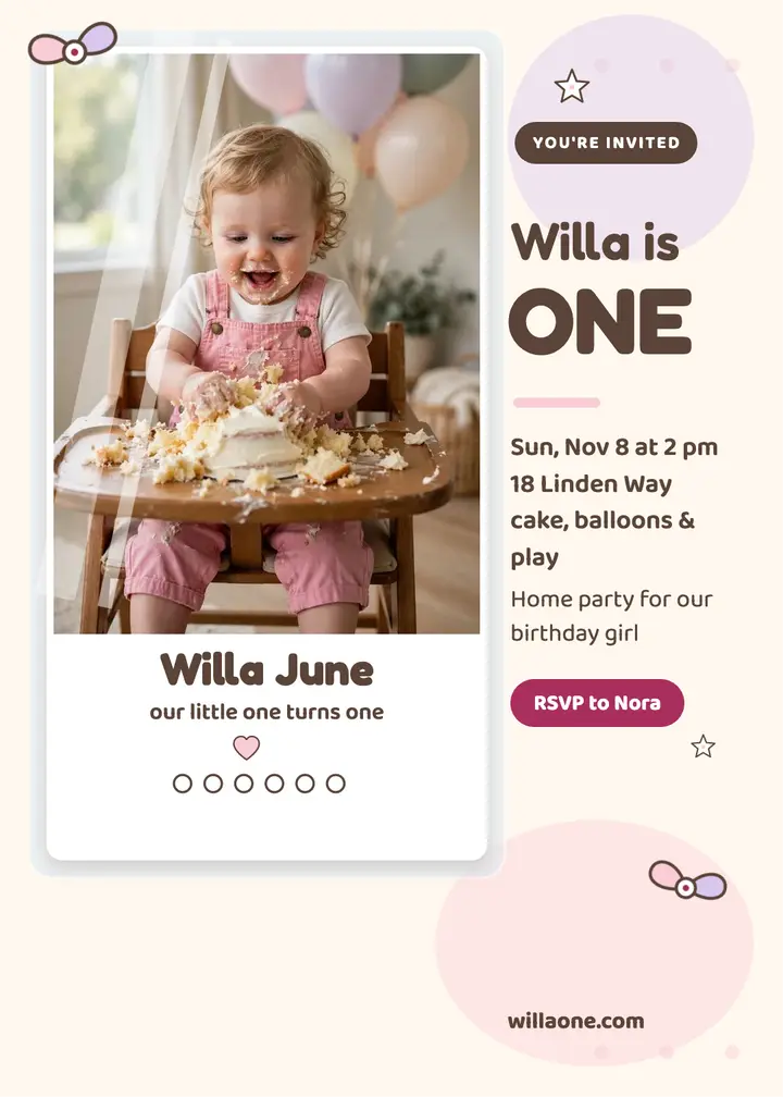 Willa June first birthday photocard invite template