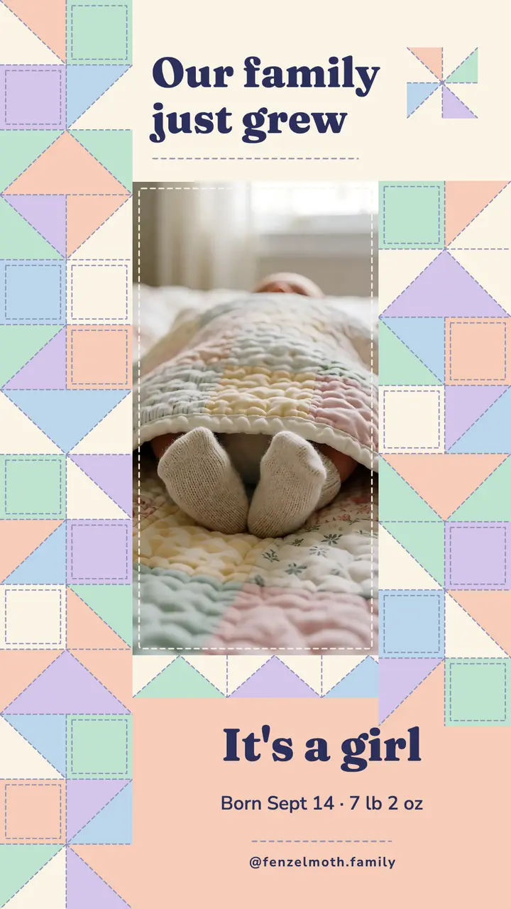 Baby girl birth announcement, patchwork quilt story template