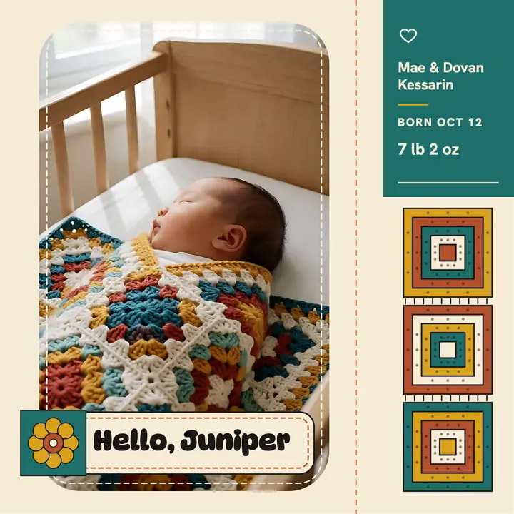Hello Juniper baby arrival granny square post template