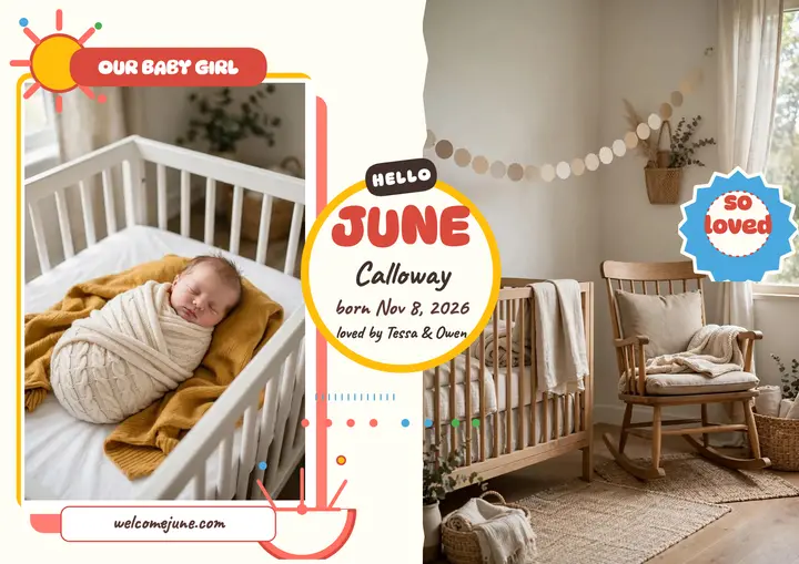 Baby June collage birth announcement certificate template
