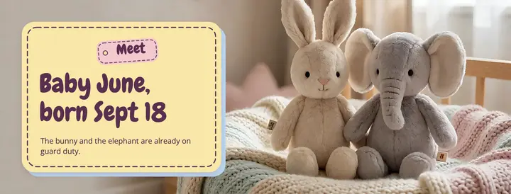 Baby June birth announcement cover, plush nursery template
