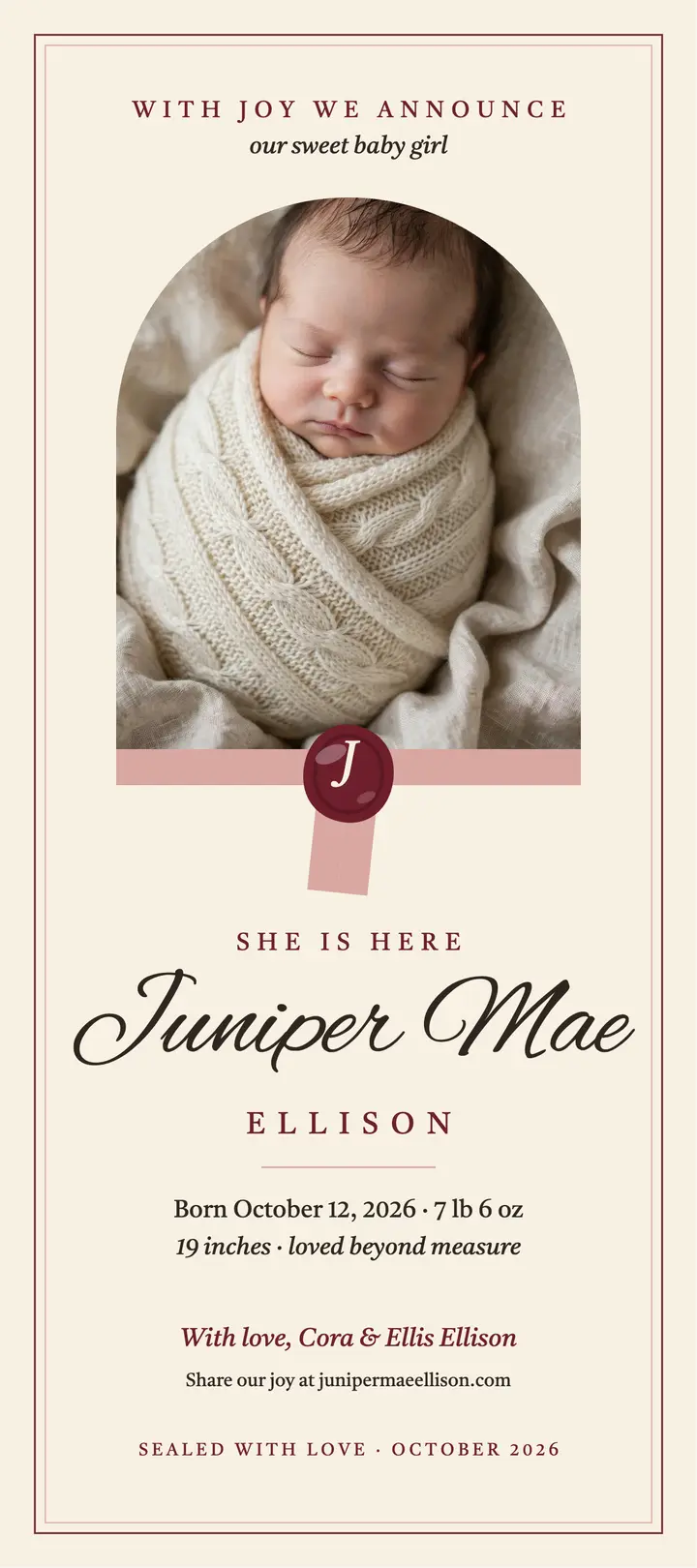 Juniper Mae birth announcement wax-seal letter template