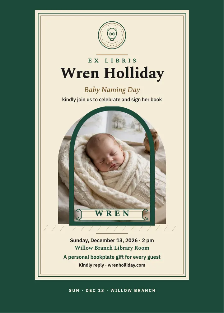 Wren Holliday naming day bookplate invite template
