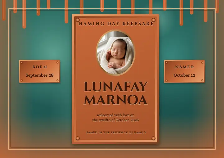Baby naming day verdigris copper certificate: baby naming day certificate template
