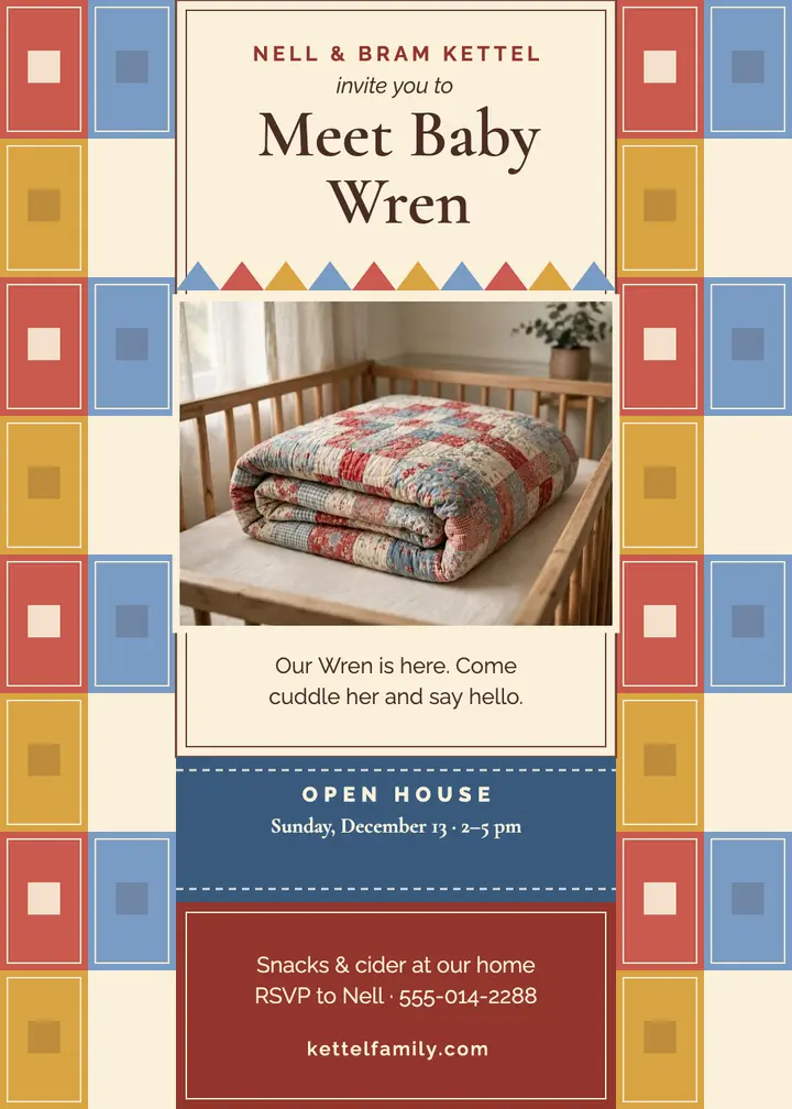 Meet baby Wren quilt invitation template