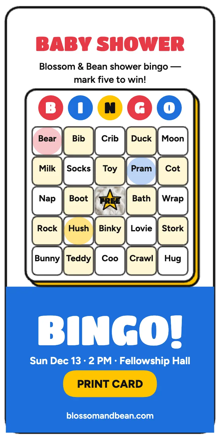 Blossom and Bean shower bingo card: baby shower bingo card template