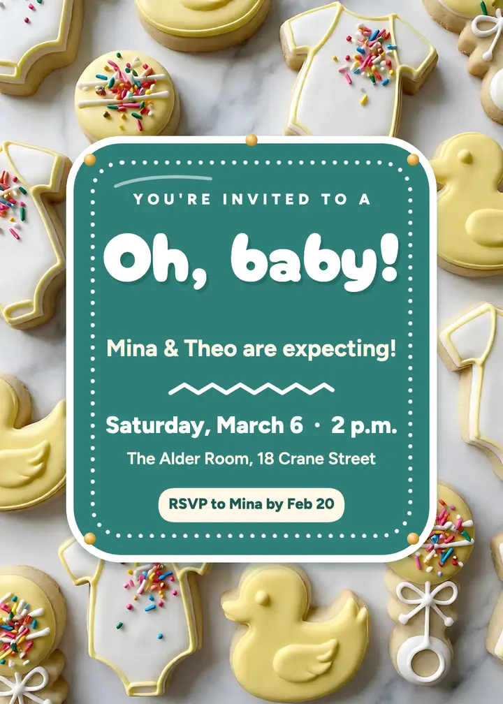 Baby shower invitation, iced cookie piping template