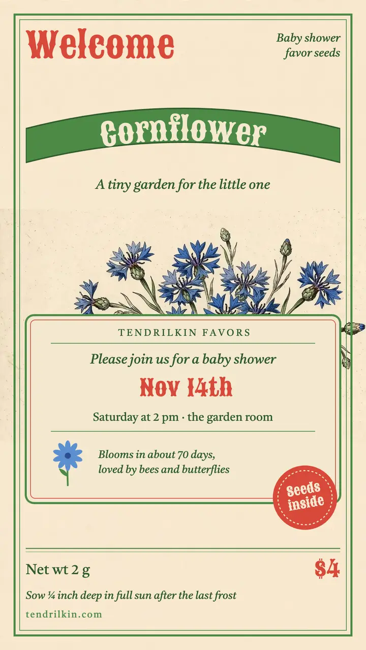 Baby shower cornflower seed packet favor, story template