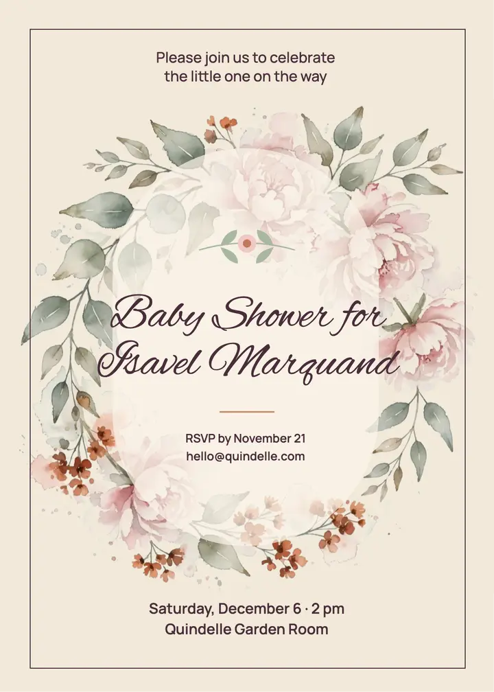 Baby shower invitation, watercolor florals template