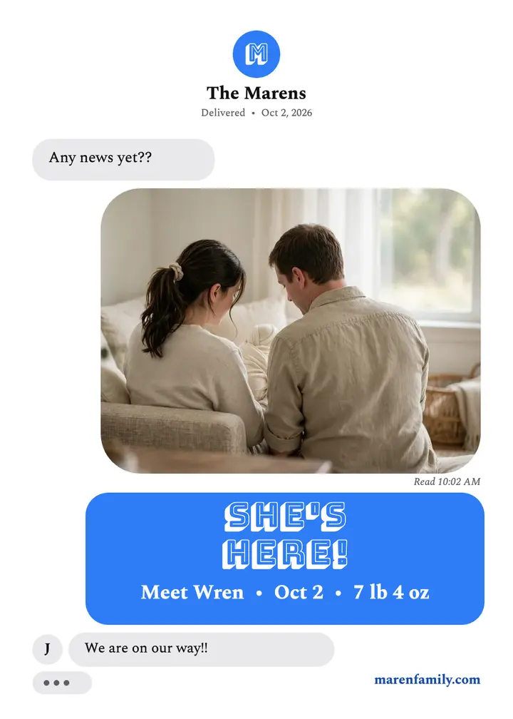 Wren arrival text thread announcement: baby arrival announcement template