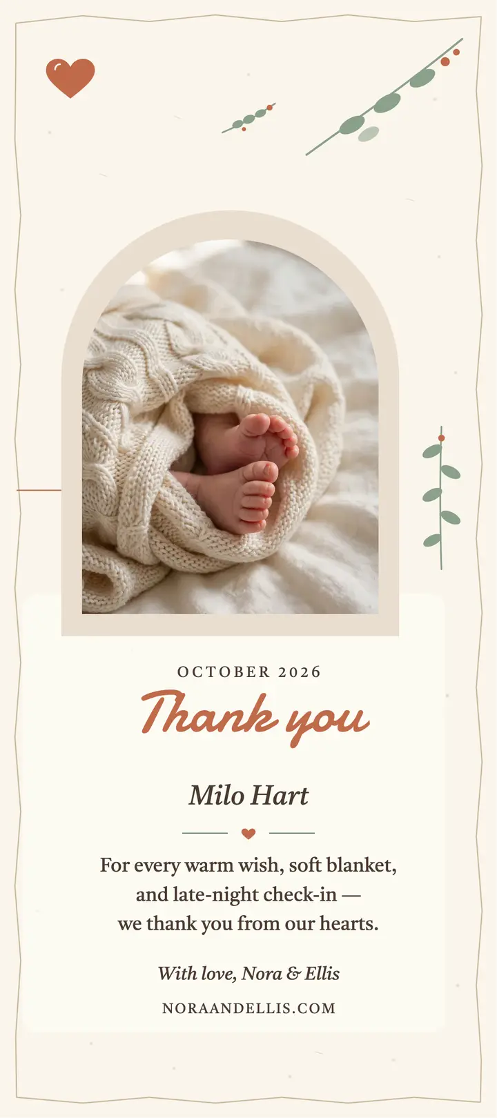 Milo Hart thank you deckle rack card: baby thank-you card template
