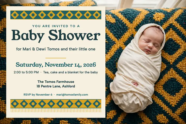 Welsh blanket baby shower postcard: baby shower invitation postcard template