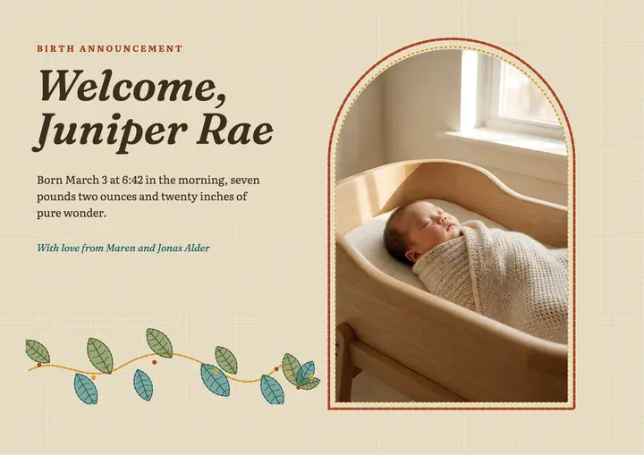 Welcome Juniper Rae birth certificate card: baby birth announcement certificate template