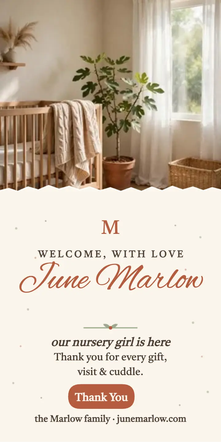 Baby June welcome thank you deckle card: baby thank you card template