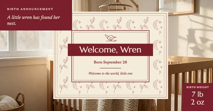 Welcome, Wren birth announcement, modern toile template