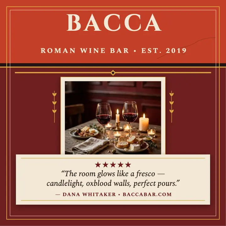 Bacca wine bar review, pompeian panel: wine bar review post template