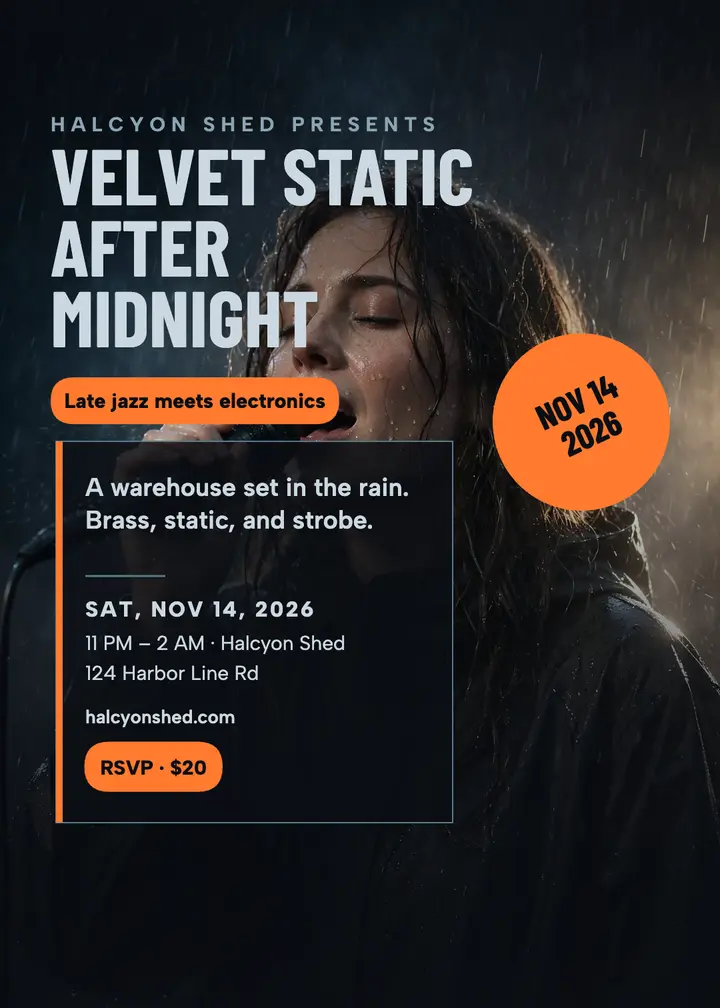 Velvet Static warehouse gig invitation: jazz gig invitation template