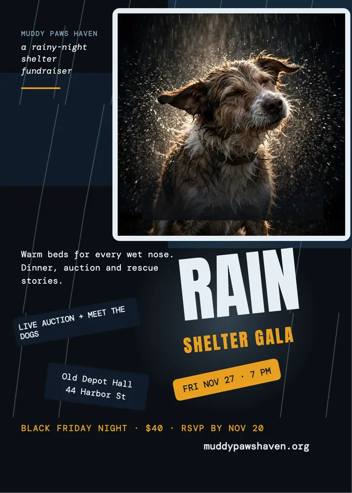 Muddy Paws Haven rainy night gala invitation template