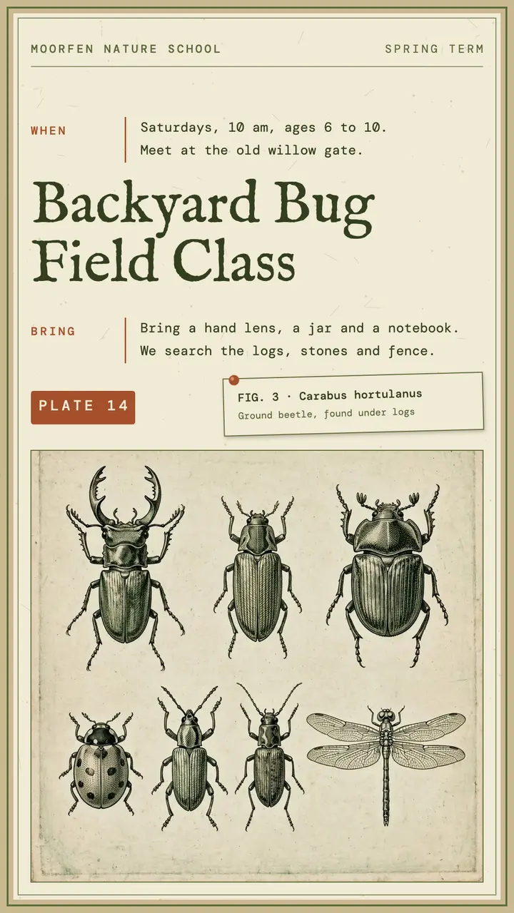 Backyard bug field class story, naturalist field guide template