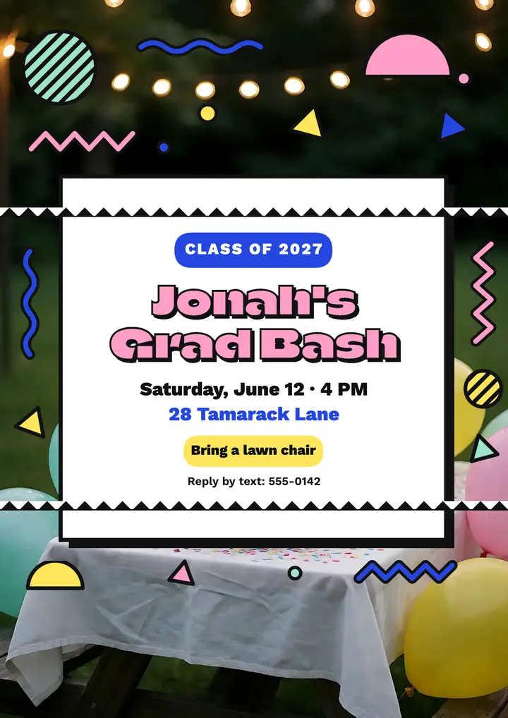 Jonah's Grad Bash backyard party flyer, Memphis style: graduation party flyer template
