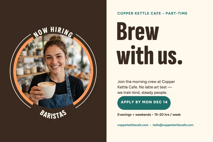Copper Kettle barista hiring postcard template