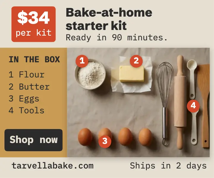 Tarvella bake-at-home starter kit ad, knolling flat lay template
