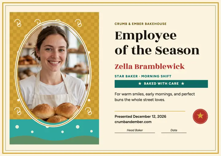 Crumb and Ember star baker award certificate template