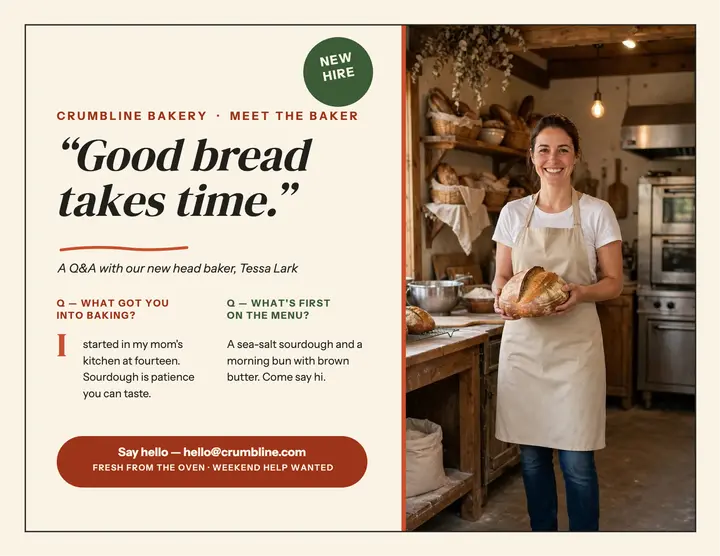 Crumbline Bakery baker Q&A flyer: baker interview flyer template