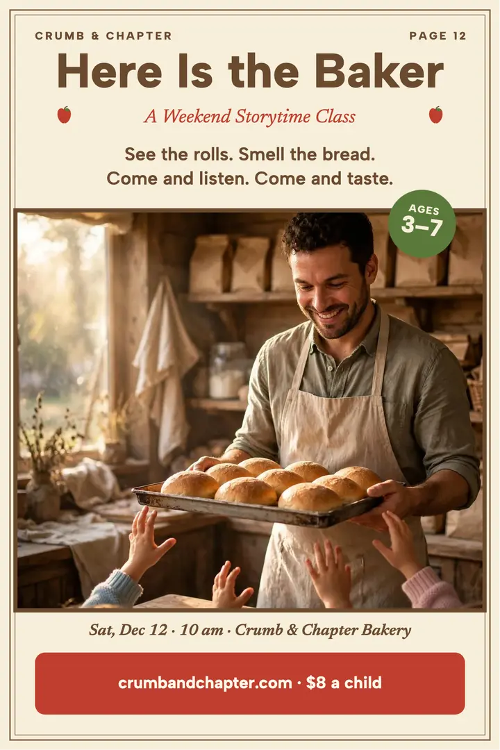Crumb and Chapter baker storytime poster: baker storytime poster template