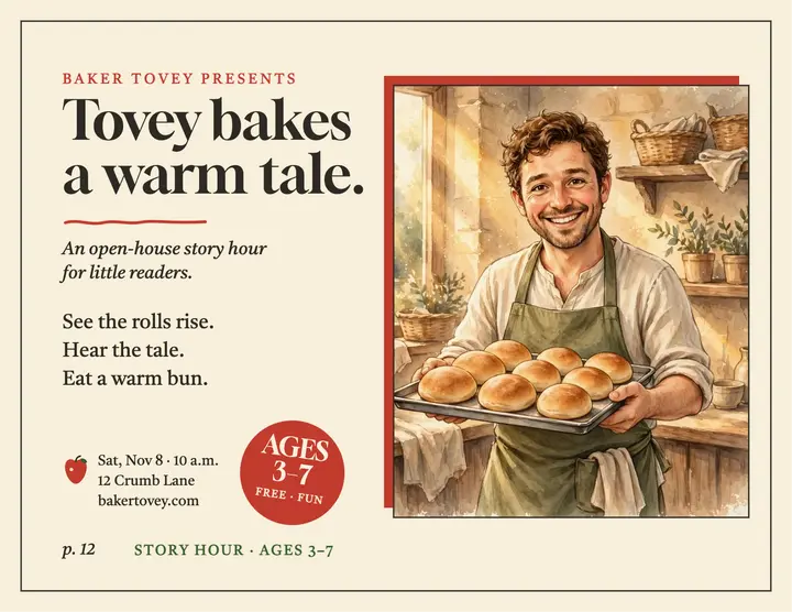 Baker Tovey reader story hour flyer: bakery story hour flyer template