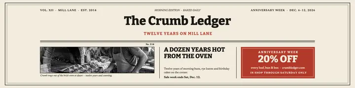 Crumb Ledger anniversary newspaper banner template