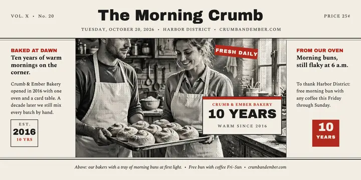 Crumb and Ember bakery anniversary front page template