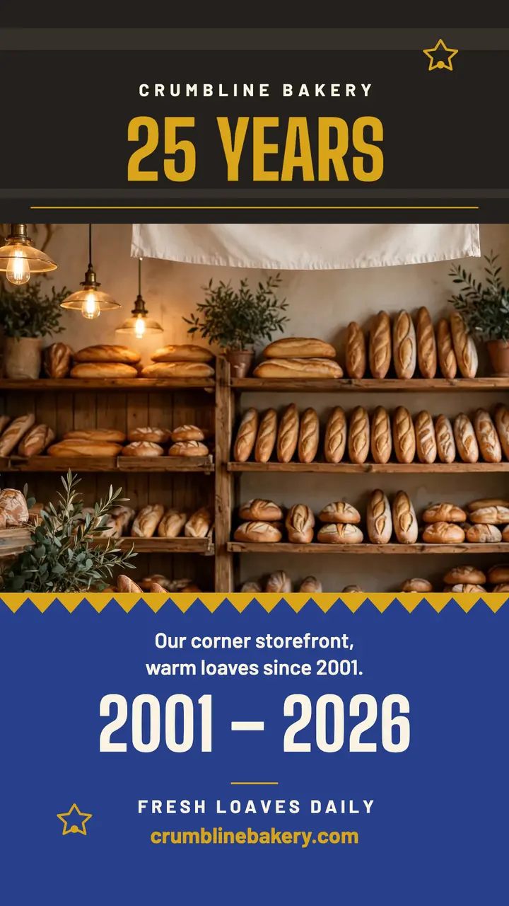 Crumbline Bakery 25 years rafter story template