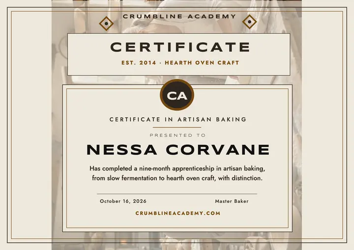 Crumbline Academy baking certificate template