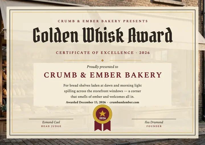 Crumb and Ember bakery award diploma template