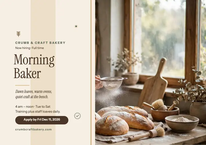 Crumb and Craft morning baker hiring certificate template