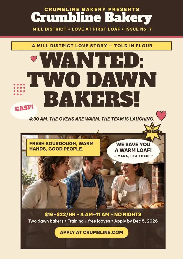 Crumbline dawn bakers fotonovela flyer template