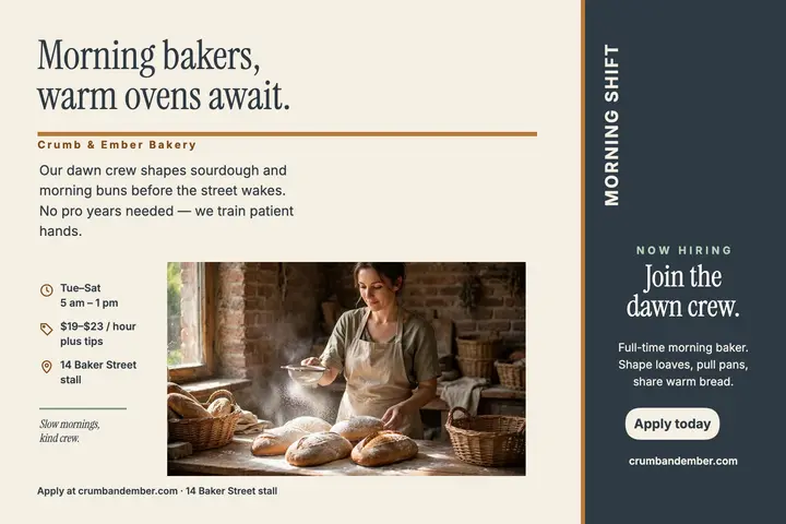 Crumb and Ember morning bakers postcard template
