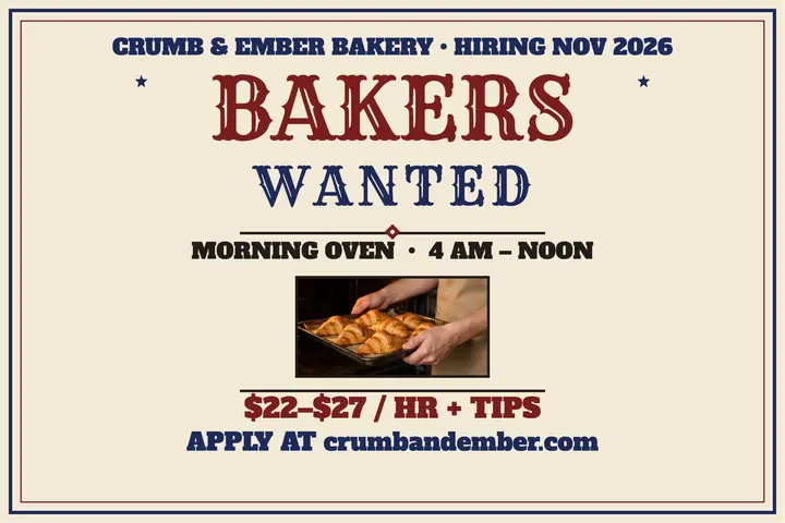 Crumb and Ember bakers wanted postcard template