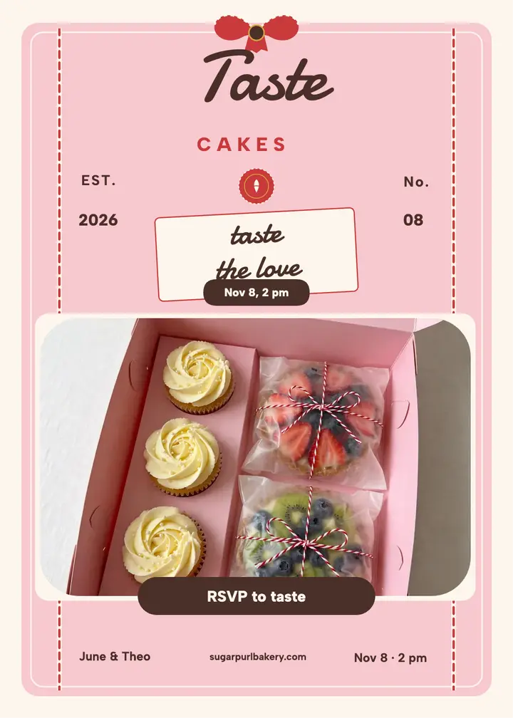 Sugarpurl bakery box tasting invite: wedding cake tasting invitation template
