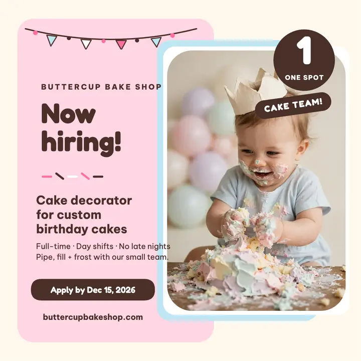 Buttercup Bake Shop cake decorator hiring post template