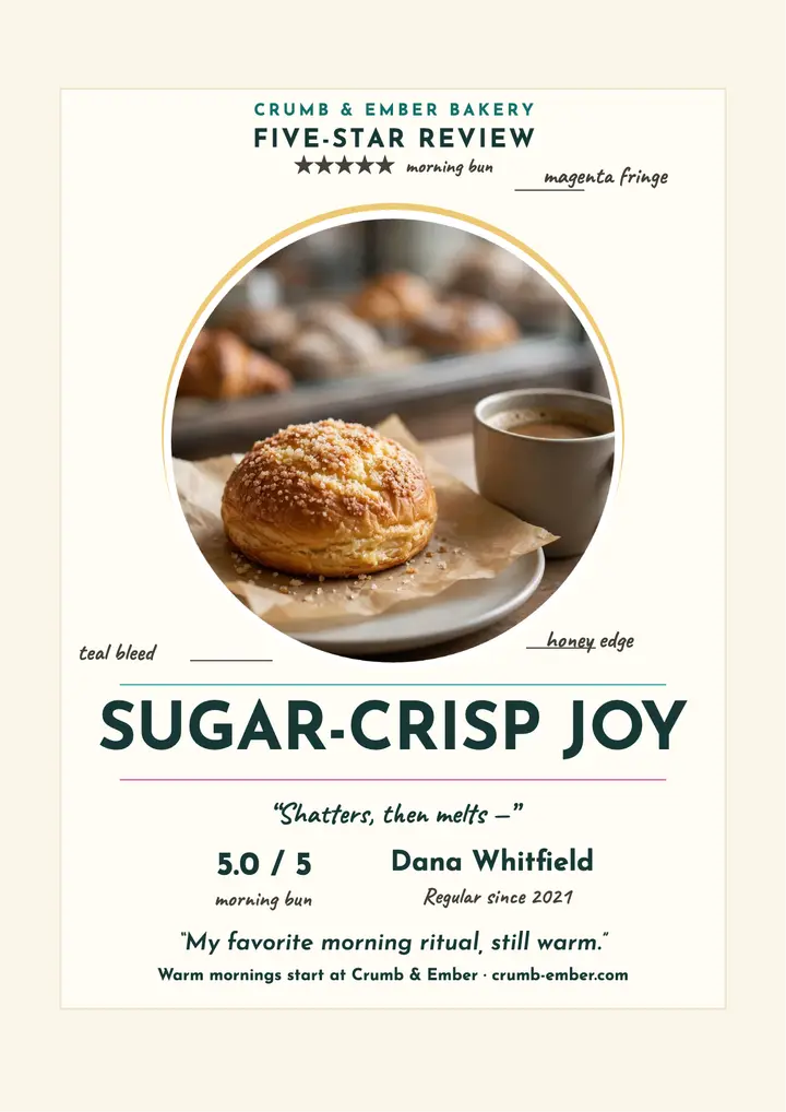 Crumb and Ember morning bun review flyer: bakery review flyer template